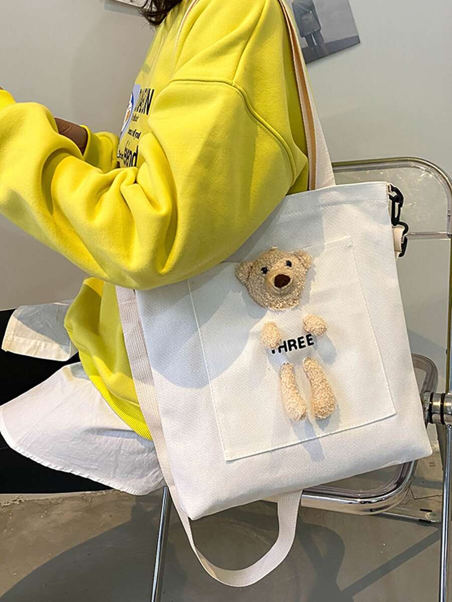 卡通熊裝飾購物包書包適合畢業生、青少年女孩、新生、大二、初中和高中學生、大學和高中，非常適合戶外、旅行和返校 - 白色 - 查看 1