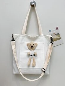 卡通熊裝飾購物包書包適合畢業生、青少年女孩、新生、大二、初中和高中學生、大學和高中，非常適合戶外、旅行和返校 - 白色 - 查看 3