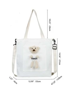 卡通熊裝飾購物包書包適合畢業生、青少年女孩、新生、大二、初中和高中學生、大學和高中，非常適合戶外、旅行和返校 - 白色 - 查看 6