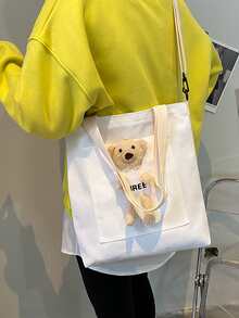 卡通熊裝飾購物包書包適合畢業生、青少年女孩、新生、大二、初中和高中學生、大學和高中，非常適合戶外、旅行和返校 - 白色 - 查看 7