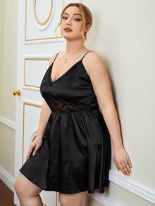 Bộ áo choàng & áo choàng kích thước lớn Tương phản ren màu trơn Gợi cảm - màu đen - Xem 3