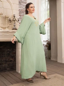 Modelyn Đầm Plus Size Nghề thêu Hoa Khiêm tốn - Màu xanh Bạc hà - Xem 6