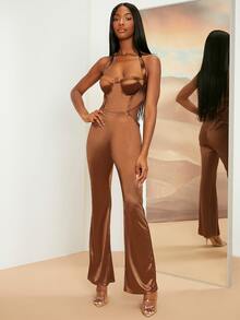 SHEINNeu 素色後綁帶連身褲 - 棕色 - 查看 2