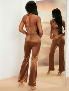 SHEINNeu 素色後綁帶連身褲 - 棕色 - 查看 5