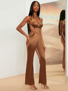 SHEINNeu 素色後綁帶連身褲 - 棕色 - 查看 3