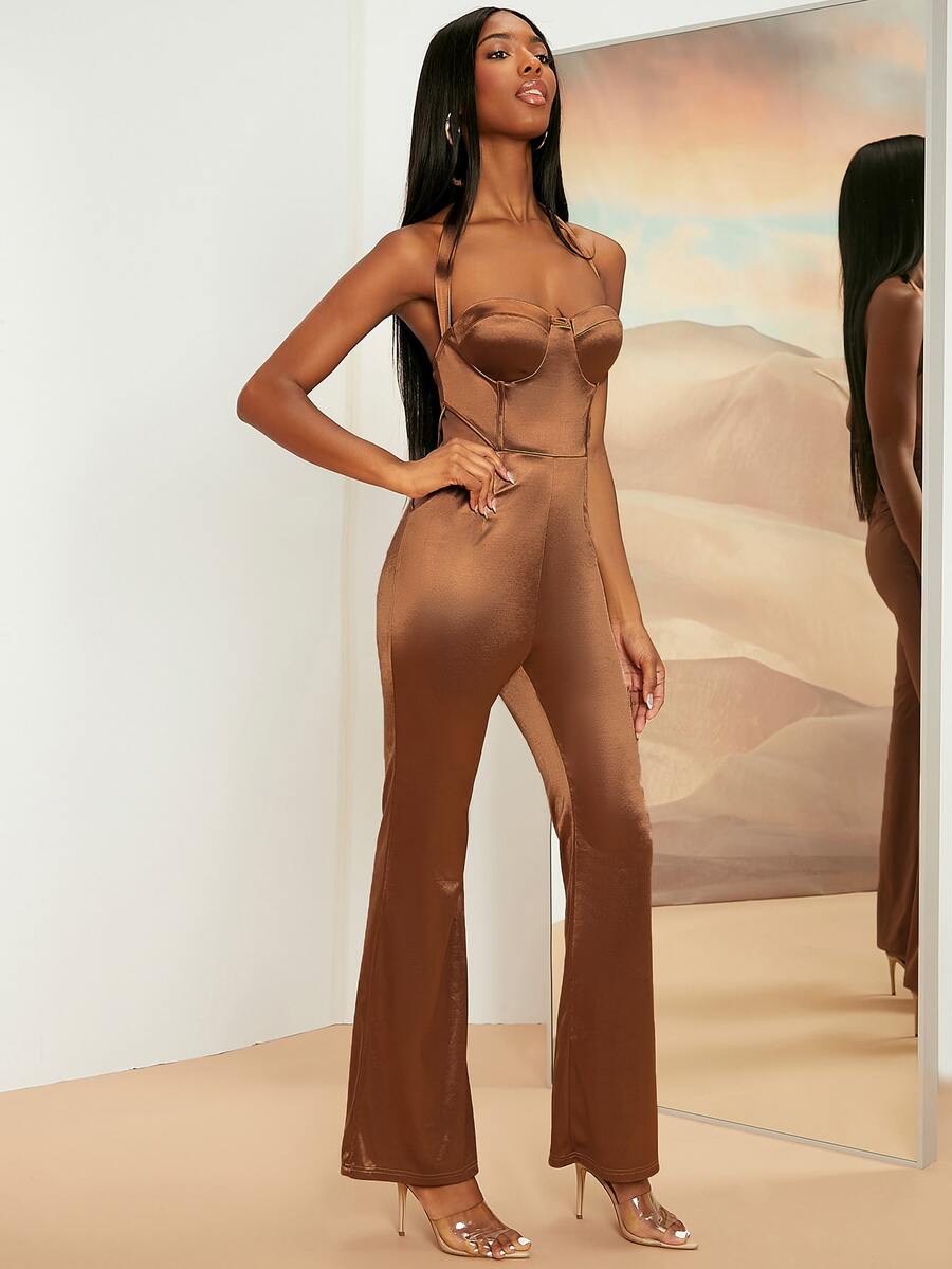 SHEINNeu 素色後綁帶連身褲 - 棕色 - 查看 1