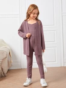SHEIN Tween Girl Waffle Knit Jumpsuit & Coat - Mauve Purple - View 5