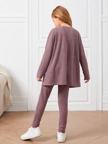 SHEIN Tween Girl Waffle Knit Jumpsuit & Coat - Mauve Purple - View 2