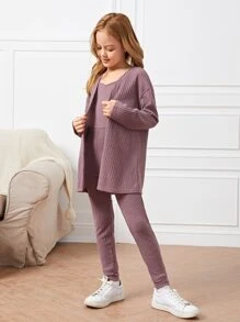 SHEIN Tween Girl Waffle Knit Jumpsuit & Coat - Mauve Purple - View 3