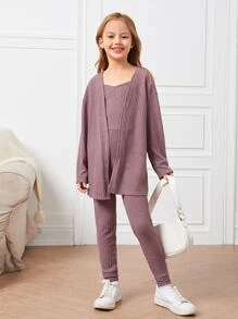 SHEIN Tween Girl Waffle Knit Jumpsuit & Coat - Mauve Purple - View 4
