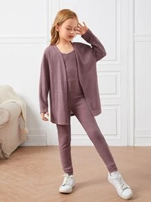 SHEIN Tween Girl Waffle Knit Jumpsuit & Coat - Mauve Purple - View 1