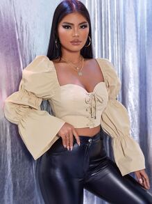 SHEIN SXY Sweetheart Gathered Sleeve Lace Up Crop Top - Khaki - View 3