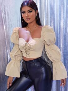 SHEIN SXY Sweetheart Gathered Sleeve Lace Up Crop Top - Khaki - View 4