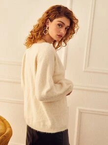 SHEIN 素色毛茸茸前排扣開襟衫 - 米色 - 查看 2