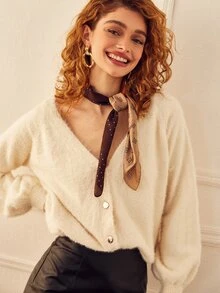 SHEIN 素色毛茸茸前排扣開襟衫 - 米色 - 查看 4