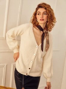 SHEIN 素色毛茸茸前排扣開襟衫 - 米色 - 查看 5