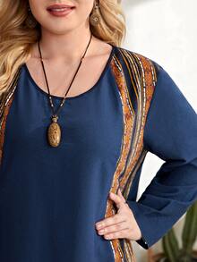 Plus Striped & Geo Print Tunic Dress - Blue - View 3