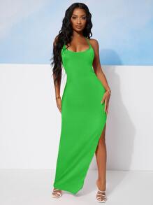 SHEIN SXY Đầm Lộ Lưng Buộc lại Tách cao màu trơn Gợi cảm - Màu xanh chanh - Xem 3