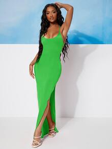 SHEIN SXY Đầm Lộ Lưng Buộc lại Tách cao màu trơn Gợi cảm - Màu xanh chanh - Xem 5