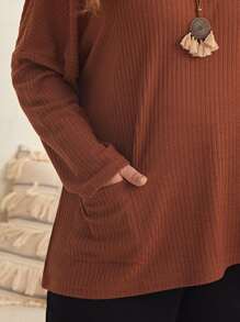 EMERY ROSE Plus Dual Pocket Drop Shoulder Tee - Rust Brown - View 3
