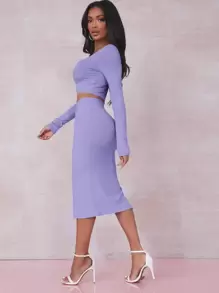 SHEIN SXY 素色短版T恤和開衩大腿半身裙套裝 - 紫丁香色 - 查看 3