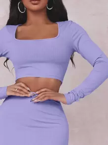 SHEIN SXY 素色短版T恤和開衩大腿半身裙套裝 - 紫丁香色 - 查看 4