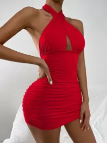 Chiquease Váy hở lưng hở lưng Peekaboo Crisscross Front Halter cho trang phục năm mới - Đỏ - Xem 4