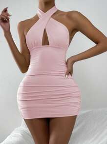 SHEIN SXY 前交叉挖空露背緊身吊脖連衣裙 - 淺粉色 - 查看 5
