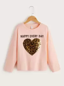 SHEIN Leap Crew Tween Girl Slogan Graphic Sequin Insert Heart Pattern Tee - Baby Pink - View 1
