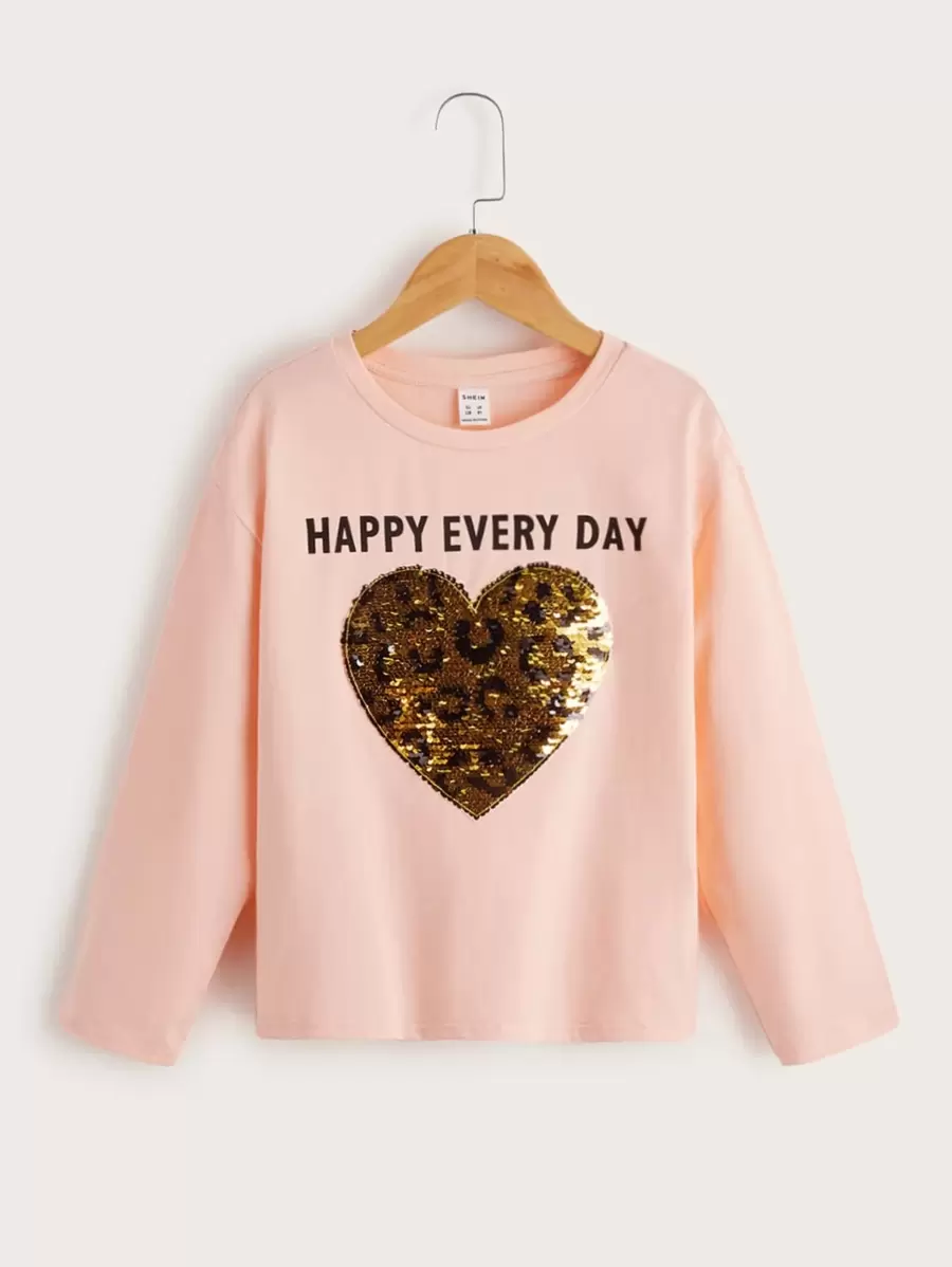 SHEIN Leap Crew Tween Girl Slogan Graphic Sequin Insert Heart Pattern Tee - Baby Pink - View 1