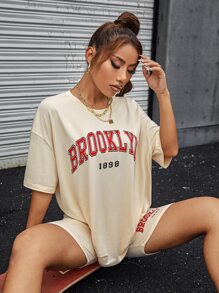 SHEIN Unity 字母圖案落肩袖長款T恤和騎行褲套裝 - 杏色 - 查看 3