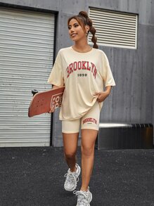 SHEIN Unity 字母圖案落肩袖長款T恤和騎行褲套裝 - 杏色 - 查看 4