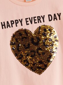 SHEIN Leap Crew Tween Girl Slogan Graphic Sequin Insert Heart Pattern Tee - Baby Pink - View 4