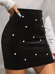 SHEIN BAE 珍珠串珠絲絨半身裙 - 黑色 - 查看 4