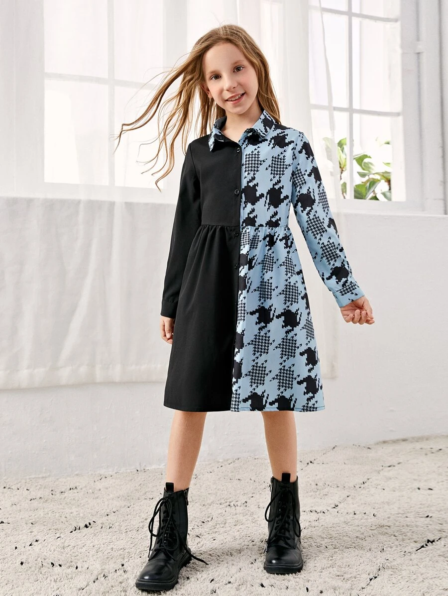 Niñas Vestido con estampado de pata de gallo - Multicolor - Ver 1