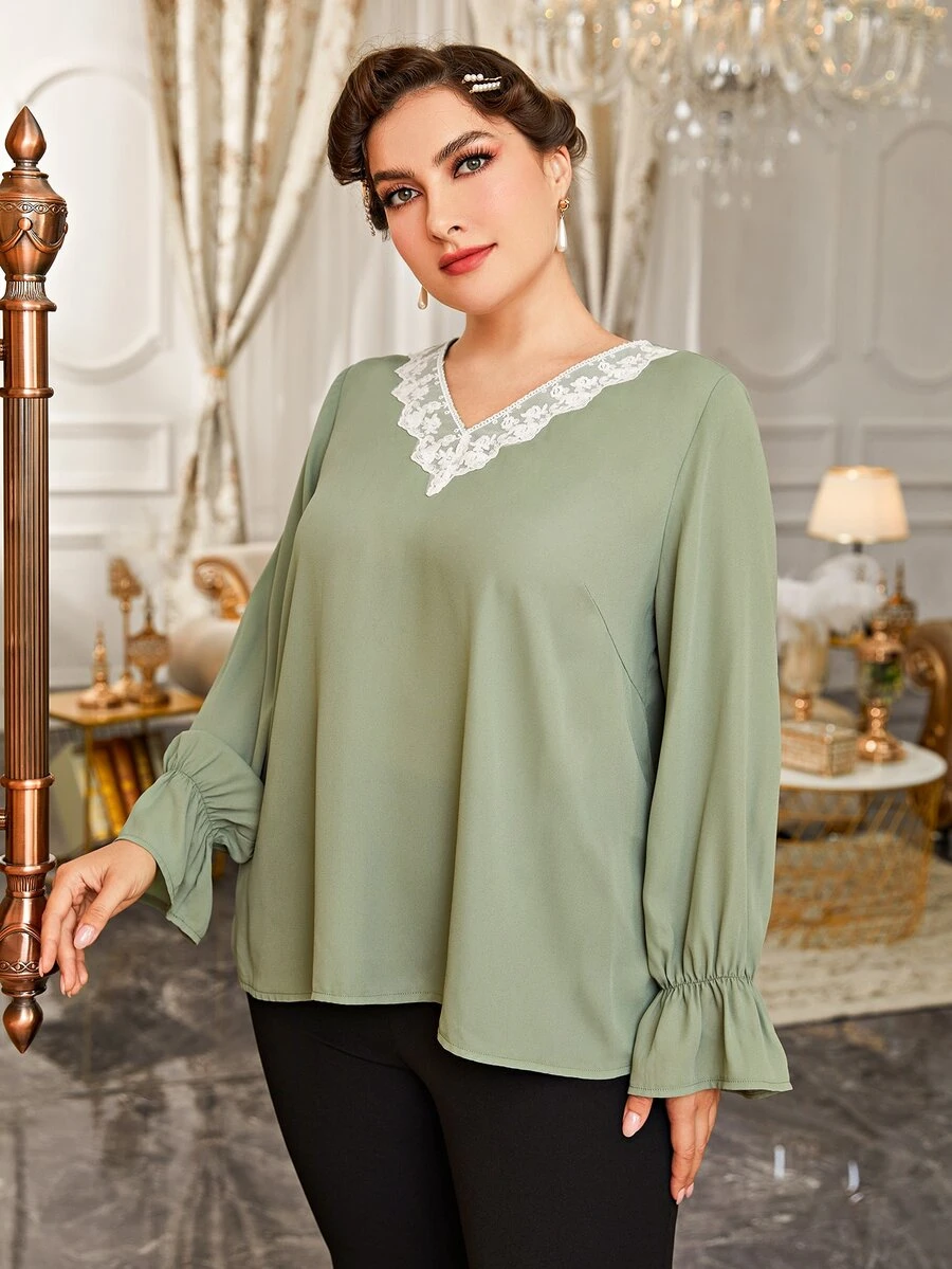 Mulvari Plus Contrast Lace Flounce Sleeve Blouse - Olive Green - View 1