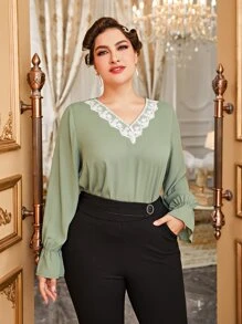 Mulvari Plus Contrast Lace Flounce Sleeve Blouse - Olive Green - View 3