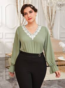 Mulvari Plus Contrast Lace Flounce Sleeve Blouse - Olive Green - View 4
