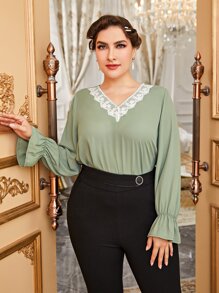 Mulvari Plus Contrast Lace Flounce Sleeve Blouse - Olive Green - View 5