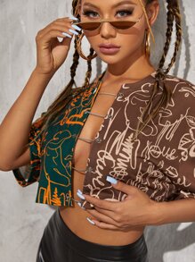 SHEIN PETITE Top ojal con cadena delantero con estampado abstracto - Multicolor - Ver 5