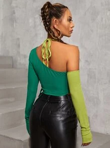 SHEIN Unity Two Tone Asymmetrical Shoulder Tee - Green - View 2