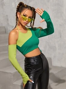 SHEIN Unity Two Tone Asymmetrical Shoulder Tee - Green - View 4