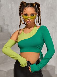 SHEIN Unity Two Tone Asymmetrical Shoulder Tee - Green - View 5
