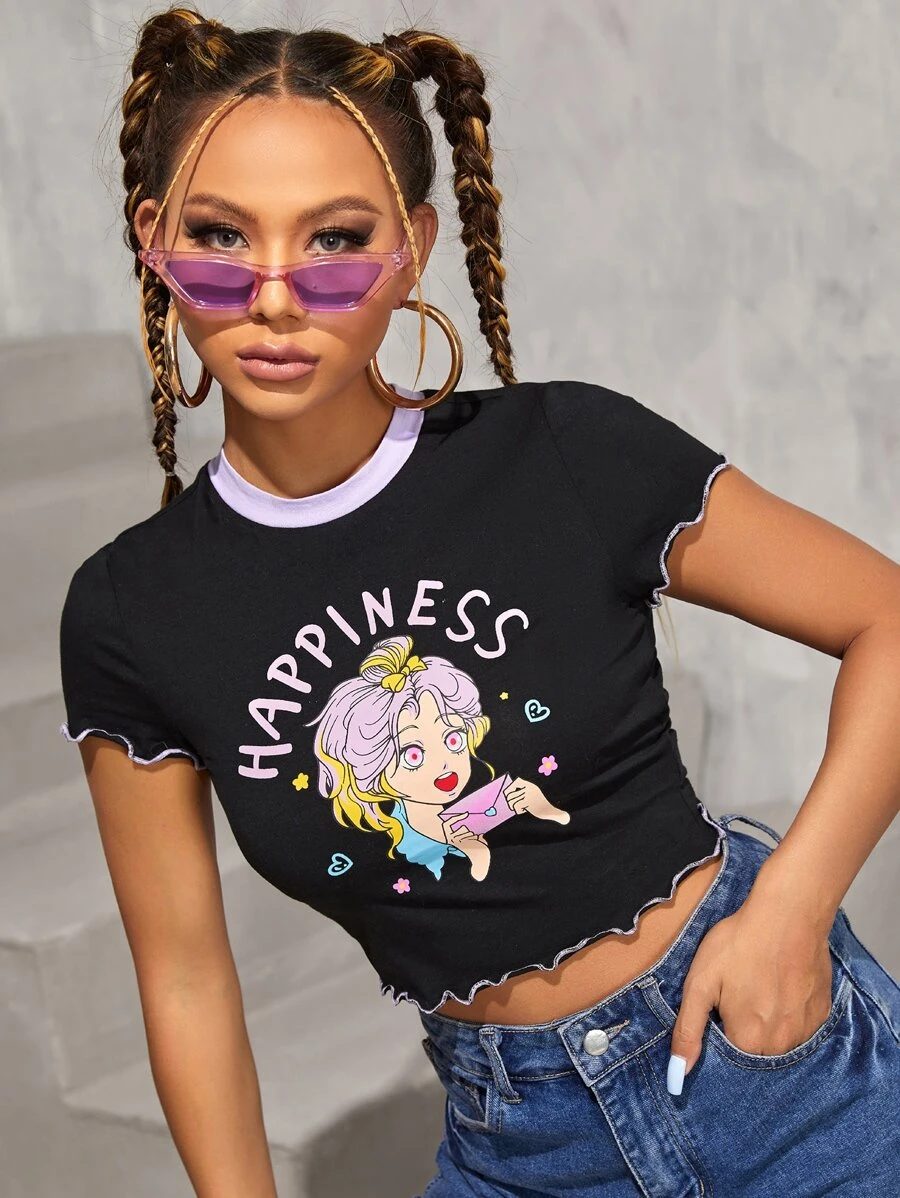 SHEIN Letter & Graphic Lettuce Trim Crop Tee - Black - View 1