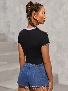 SHEIN Letter & Graphic Lettuce Trim Crop Tee - Black - View 2
