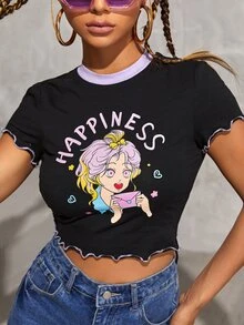 SHEIN Letter & Graphic Lettuce Trim Crop Tee - Black - View 5