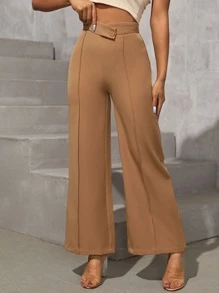 SHEIN PETITE Inverted Seam Stepped Waist Trousers - Brown - View 1
