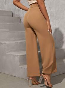 SHEIN PETITE Inverted Seam Stepped Waist Trousers - Brown - View 2