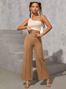 SHEIN PETITE Inverted Seam Stepped Waist Trousers - Brown - View 3