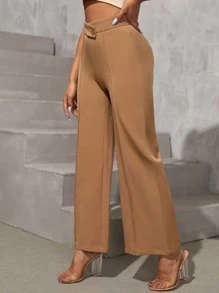 SHEIN PETITE Inverted Seam Stepped Waist Trousers - Brown - View 4